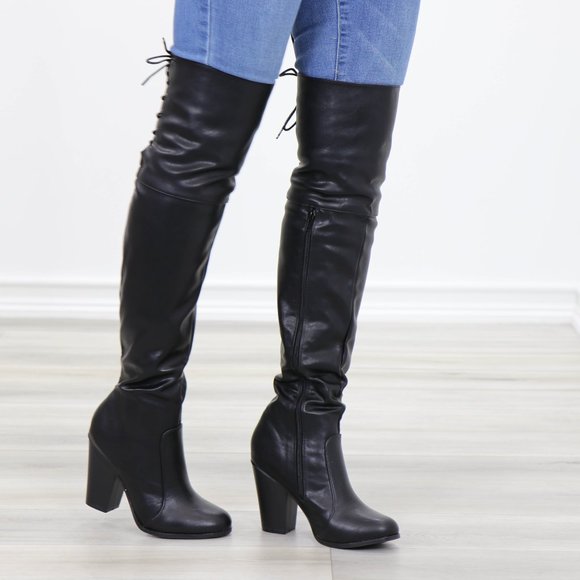 Restock Faux Leather Thigh High Boots Lace Up Back - Picture 5 of 16
